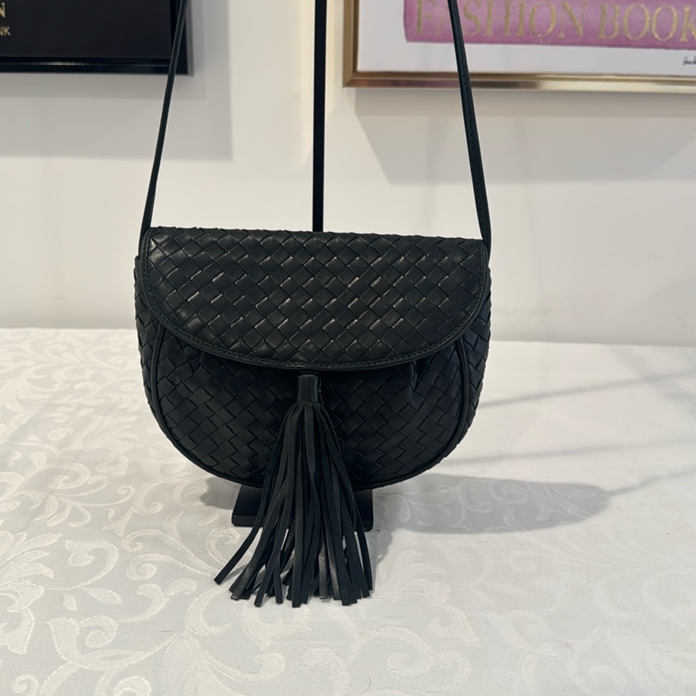 Black/Deep Green Woven Leather Crossbody Bag with Tassel